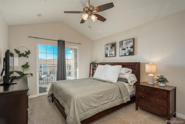 bedroom featuring ceiling fan, access to exterior, lofted ceiling, and light carpet