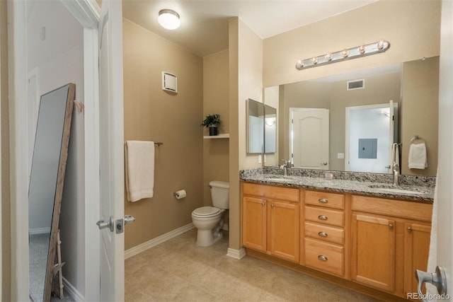 bathroom featuring vanity, toilet, and electric panel