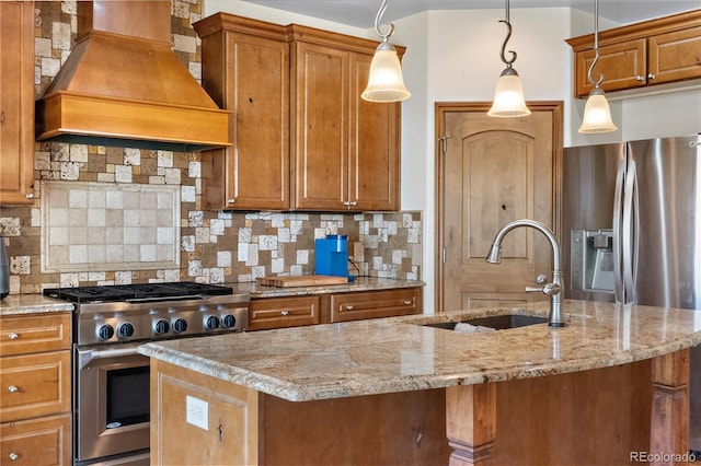 1195 W 70th Ave, Denver, CO 80221 - kitchen with custom exhaust hood, stainless steel range, brown cabinets, and backsplash