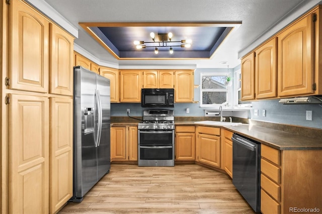 8815 W Quarto Cir, Littleton, CO 80128 - kitchen featuring appliances with stainless steel finishes, a raised ceiling, a sink, light wood-type flooring, and dark countertops