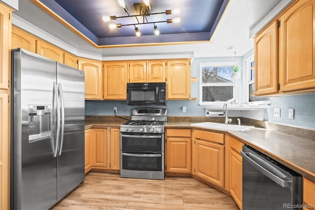 8815 W Quarto Cir, Littleton, CO 80128 - kitchen with stainless steel appliances, a sink, a tray ceiling, light wood-type flooring, and a chandelier
