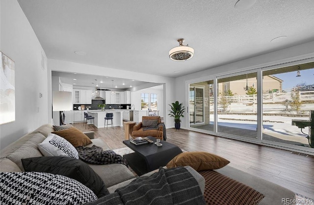 living room with a wealth of natural light, washer / dryer, and light wood-type flooring