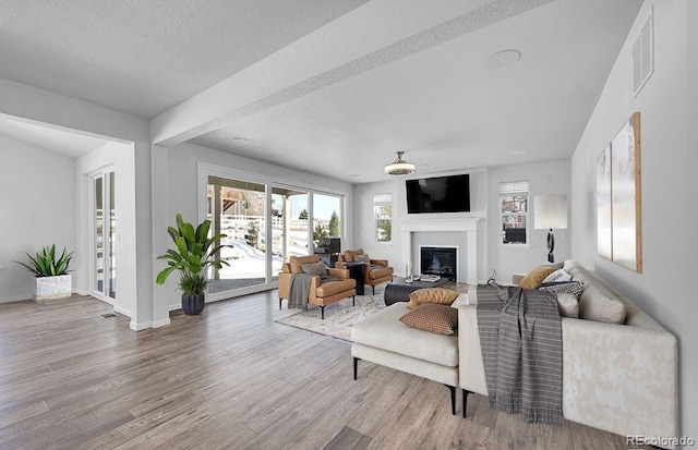 living room with hardwood / wood-style floors and a textured ceiling