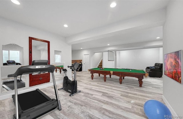 playroom featuring pool table and light hardwood / wood-style floors