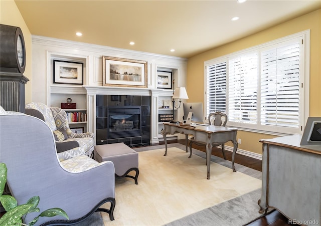 4483 W Cottonwood Pl, Littleton, CO 80123 - office space with recessed lighting, wood finished floors, and a fireplace