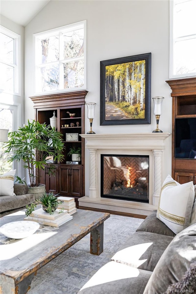 4483 W Cottonwood Pl, Littleton, CO 80123 - living room featuring a glass covered fireplace, lofted ceiling, and wood finished floors