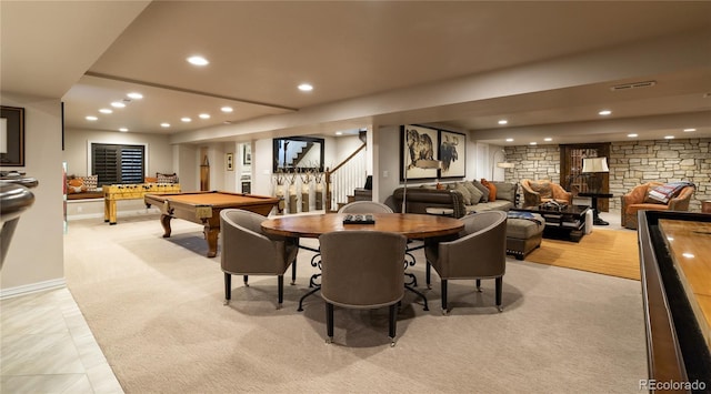 4483 W Cottonwood Pl, Littleton, CO 80123 - dining space with pool table, recessed lighting, stairway, baseboards, and light carpet