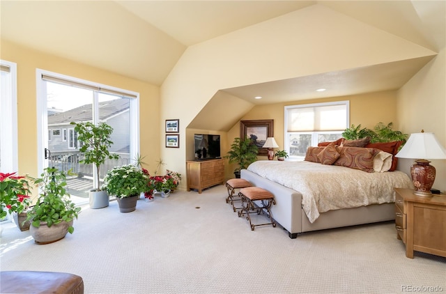 4483 W Cottonwood Pl, Littleton, CO 80123 - bedroom with access to exterior, light carpet, and lofted ceiling