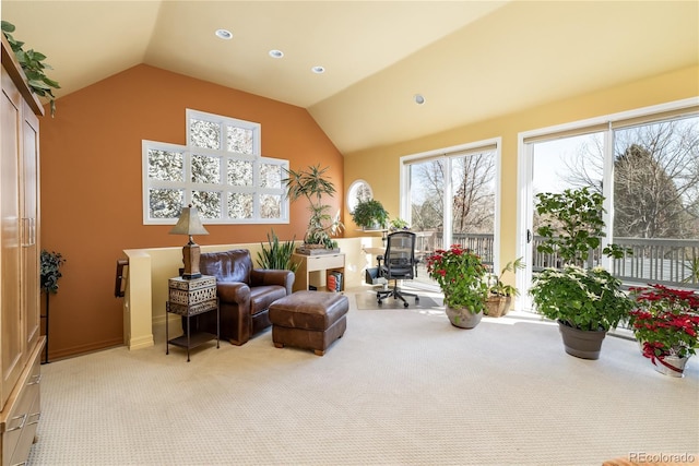 4483 W Cottonwood Pl, Littleton, CO 80123 - sitting room with lofted ceiling, light carpet, and recessed lighting