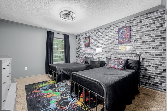 16051 E Alabama Dr, Aurora, CO 80017 - carpeted bedroom with ornamental molding, a textured ceiling, and brick wall