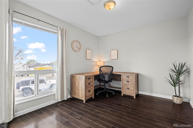 office area with dark wood-type flooring and baseboards