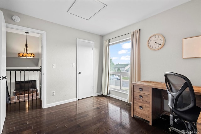 office with baseboards and dark wood finished floors