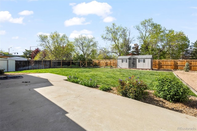 view of yard featuring a patio, an outdoor structure, and a storage unit