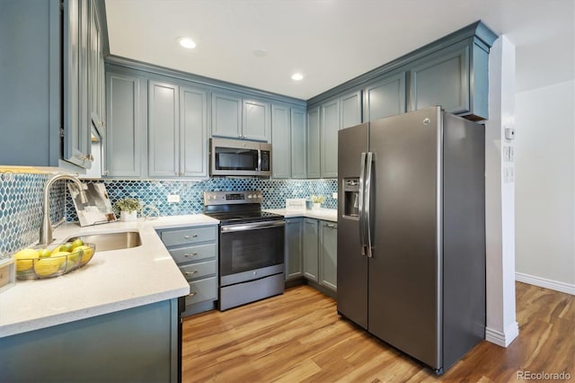 kitchen featuring light hardwood / wood-style floors, appliances with stainless steel finishes, sink, and backsplash