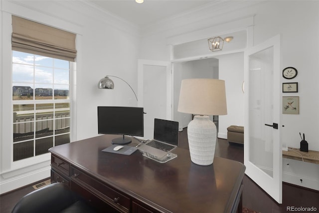 6288 N Dallas St, Denver, CO 80238 - office space featuring crown molding and dark wood-style floors