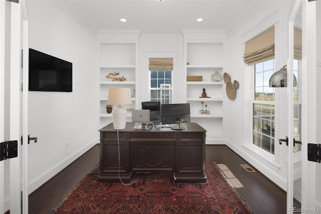 6288 N Dallas St, Denver, CO 80238 - office space featuring dark wood-style floors, built in shelves, ornamental molding, french doors, and recessed lighting