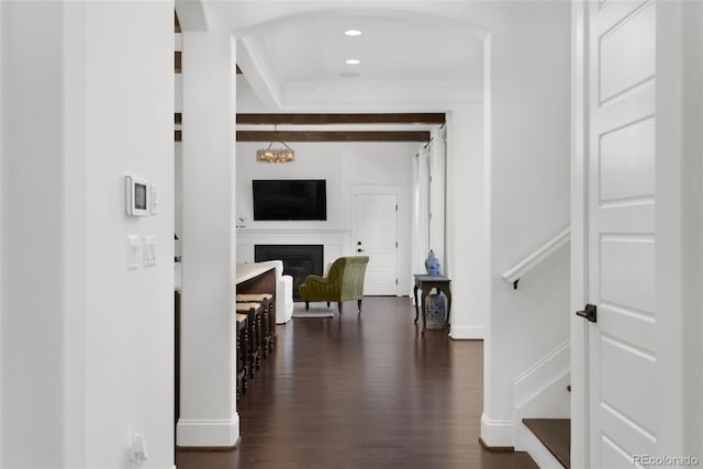6288 N Dallas St, Denver, CO 80238 - corridor featuring ornamental molding, dark wood-style flooring, and recessed lighting