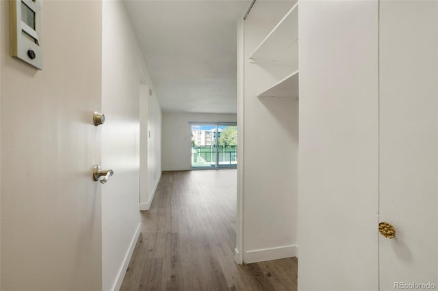 hallway with hardwood / wood-style flooring