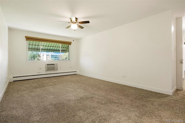 unfurnished room featuring a baseboard radiator, a wall unit AC, ceiling fan, and carpet floors