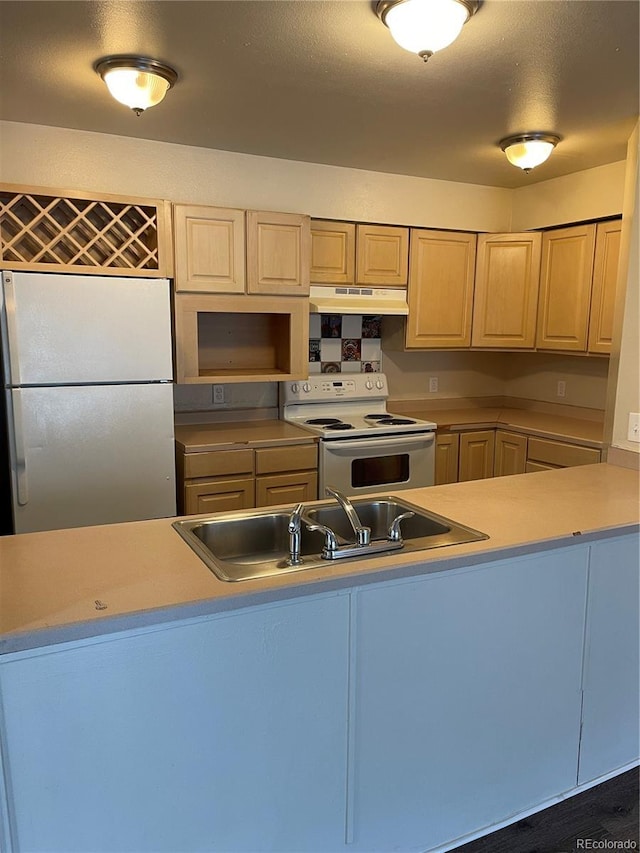 14704 E 2nd Ave Unit 300E, Aurora, CO 80011 - kitchen featuring freestanding refrigerator, white electric stove, under cabinet range hood, and light brown cabinets