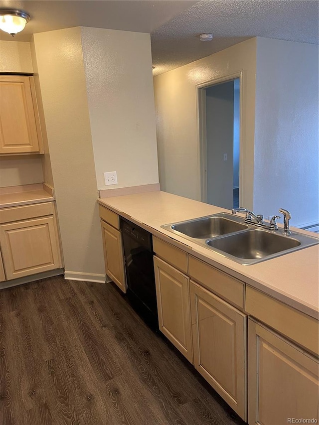 14704 E 2nd Ave Unit 300E, Aurora, CO 80011 - kitchen with dark wood-style floors, black dishwasher, light countertops, and a textured ceiling