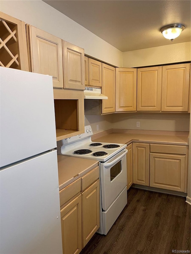 14704 E 2nd Ave Unit 300E, Aurora, CO 80011 - kitchen with white appliances, light countertops, dark wood-style flooring, under cabinet range hood, and light brown cabinetry