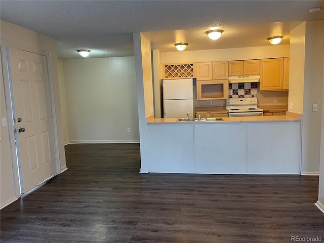 14704 E 2nd Ave Unit 300E, Aurora, CO 80011 - kitchen featuring white appliances, dark wood finished floors, under cabinet range hood, and a textured ceiling