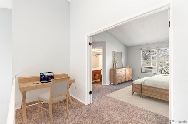 2973 W 81st Ave Unit D, Westminster, CO 80031 - bedroom featuring carpet floors, vaulted ceiling, cooling unit, and a desk