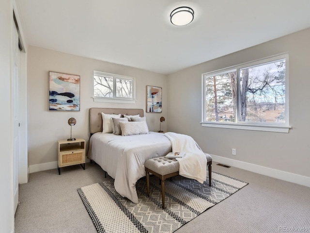 carpeted bedroom featuring a closet and multiple windows