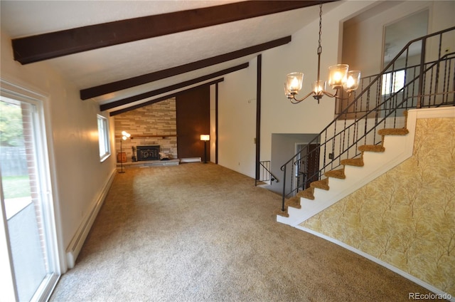 8450 Mason Cir, Westminster, CO 80031 - unfurnished living room with a chandelier, carpet floors, stairway, and a stone fireplace
