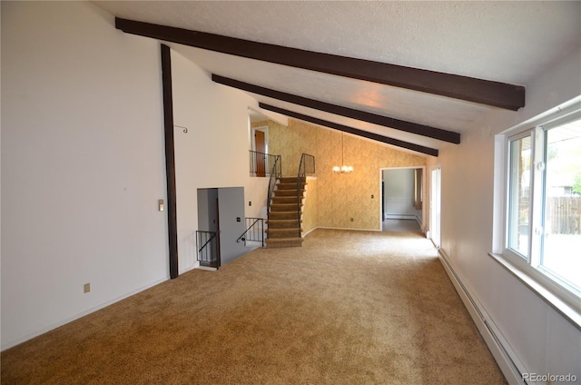 8450 Mason Cir, Westminster, CO 80031 - unfurnished living room with carpet flooring, a baseboard radiator, a chandelier, stairs, and baseboards