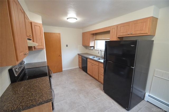 8450 Mason Cir, Westminster, CO 80031 - kitchen featuring black appliances, baseboard heating, a sink, under cabinet range hood, and backsplash