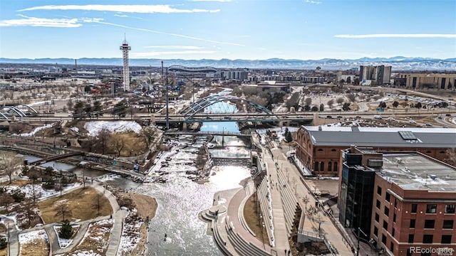 bird's eye view with a view of city and a mountain view