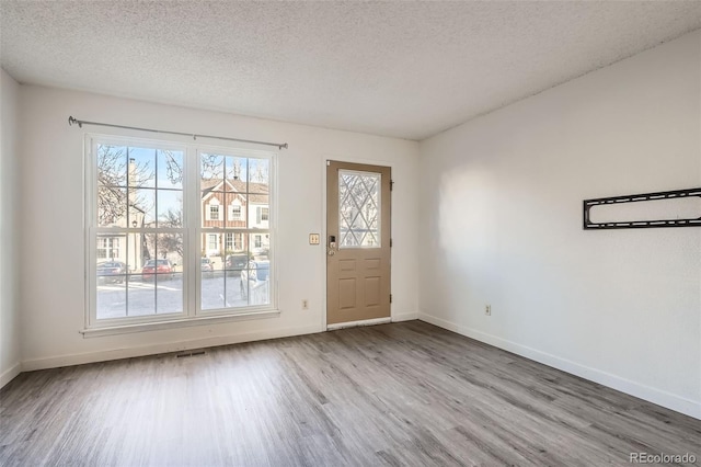 entryway featuring hardwood / wood-style floors and a textured ceiling