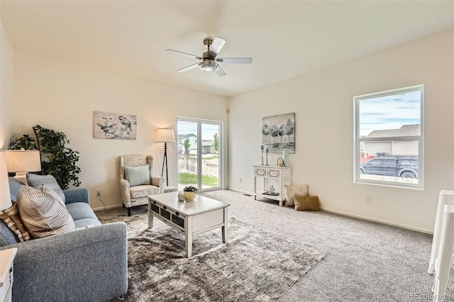 401 Quincy Rr Ave, Keenesburg, CO 80643 - living room with a ceiling fan, carpet floors, and baseboards