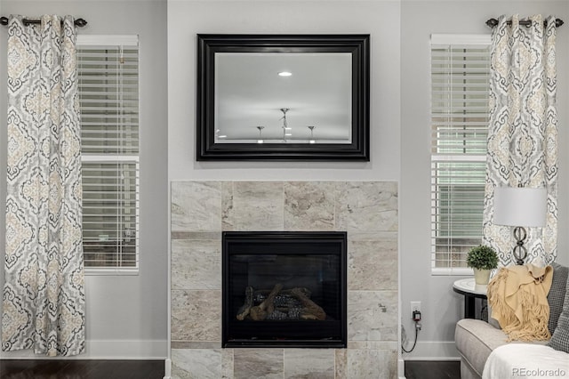 details with a fireplace, baseboards, and wood finished floors