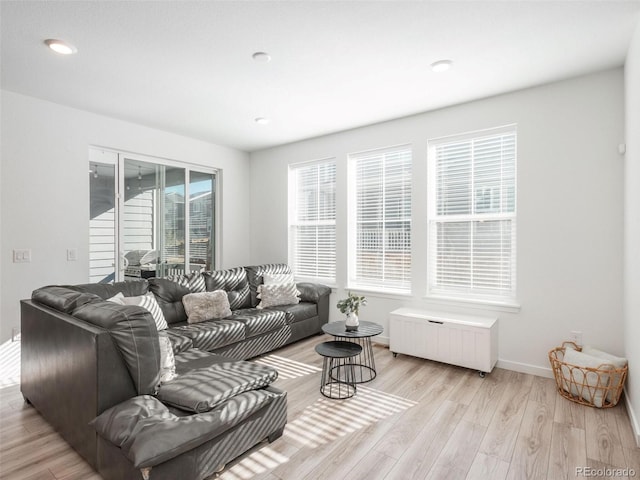 living room featuring radiator and light hardwood / wood-style flooring