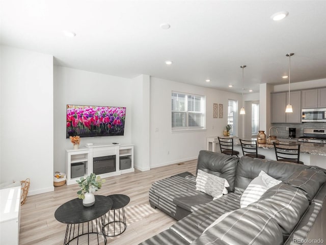 living room featuring light wood-type flooring and a fireplace