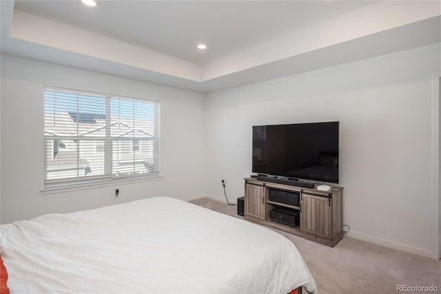 bedroom featuring light carpet and a raised ceiling