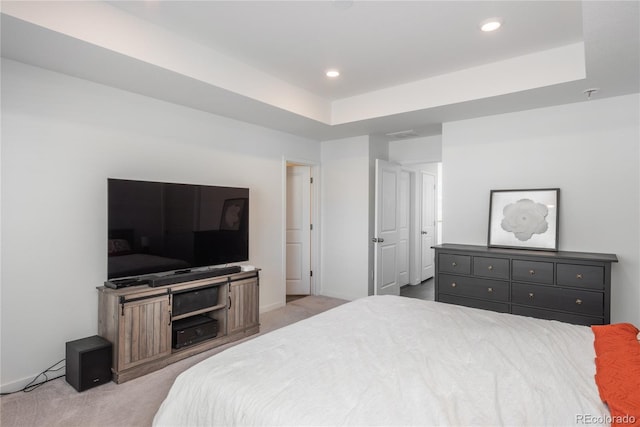 carpeted bedroom featuring a tray ceiling