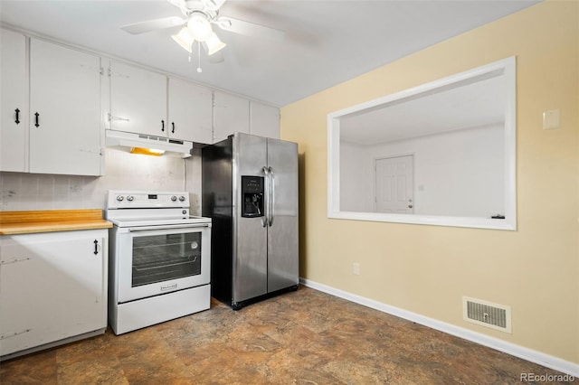 kitchen featuring stainless steel refrigerator with ice dispenser, electric range, white cabinets, and ceiling fan