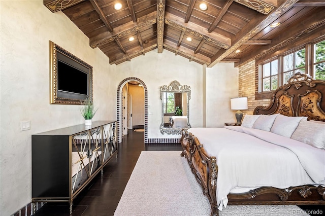 bedroom featuring multiple windows, wooden ceiling, dark hardwood / wood-style floors, and beamed ceiling