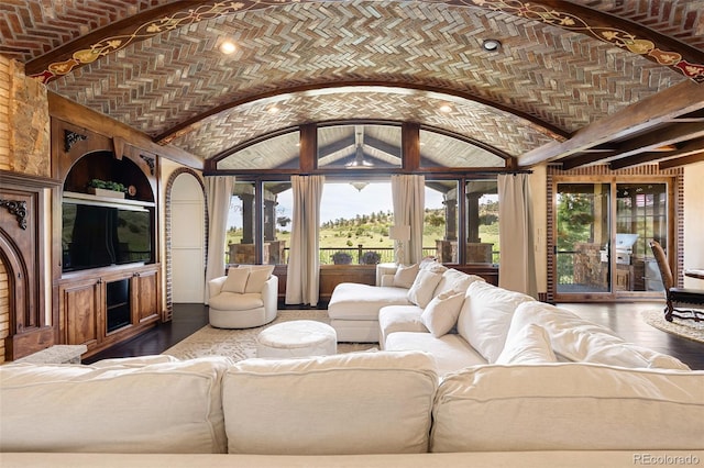 7188 Raphael Ln, Littleton, CO 80125 - living area with brick ceiling and vaulted ceiling