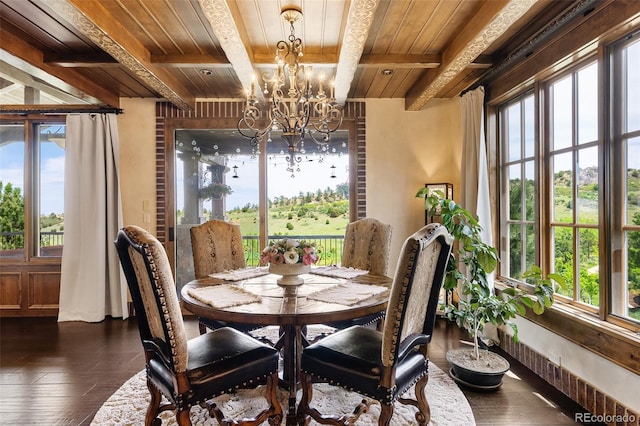 7188 Raphael Ln, Littleton, CO 80125 - dining room with a chandelier, plenty of natural light, wooden ceiling with exposed beams, and dark wood-type flooring