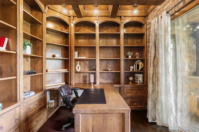 7188 Raphael Ln, Littleton, CO 80125 - office featuring dark wood-type flooring, built in study area, built in shelves, and wood ceiling with exposed beams