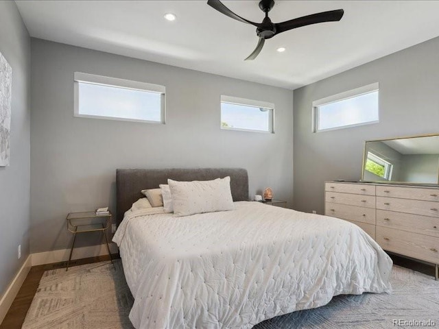 2508 S Pennsylvania St, Denver, CO 80210 - bedroom with baseboards, recessed lighting, light wood-style floors, and a ceiling fan