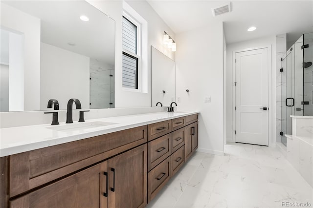 8850 Moonshimmer Trl, Littleton, CO 80125 - full bath featuring a marble finish shower, double vanity, marble finish floors, and recessed lighting