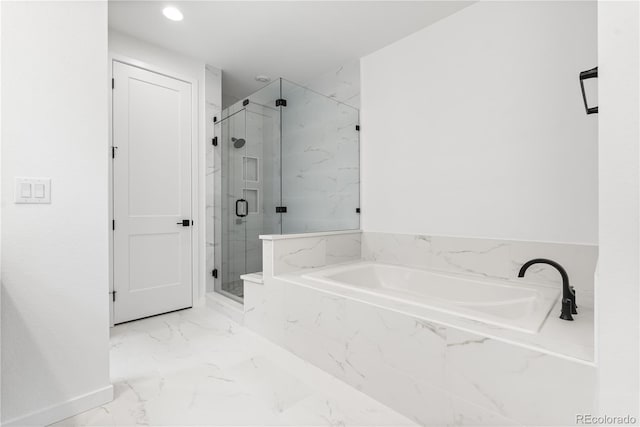 8850 Moonshimmer Trl, Littleton, CO 80125 - bathroom with a marble finish shower, a garden tub, marble finish floors, and recessed lighting