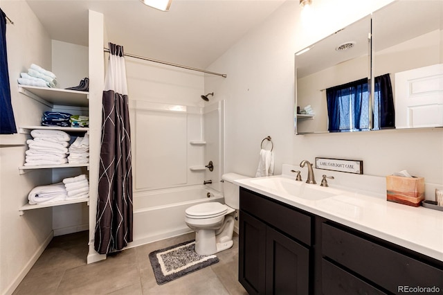 full bathroom featuring shower / bathtub combination with curtain, vanity, tile patterned floors, and toilet