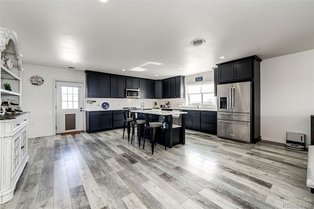 kitchen featuring a center island, a kitchen breakfast bar, light hardwood / wood-style floors, and appliances with stainless steel finishes